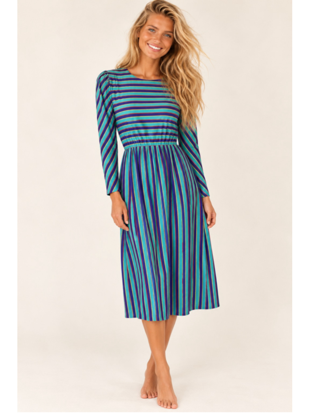 Vintage Henry Lee 10 Teal Purple Striped Midi Dress 1980s Retro Colorful Mod USA
